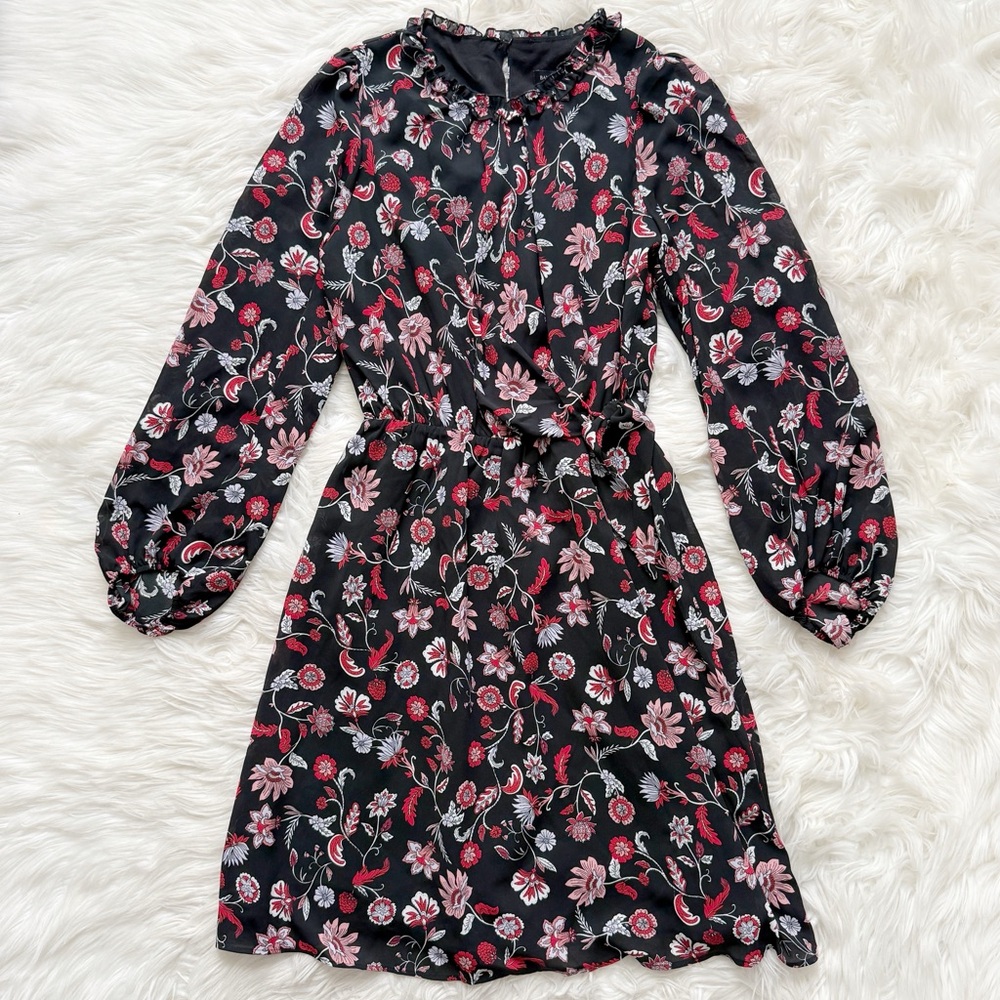 Banana Republic Print Tie-Waist Mini Dress Black Paisley Floral Size 2 Tall